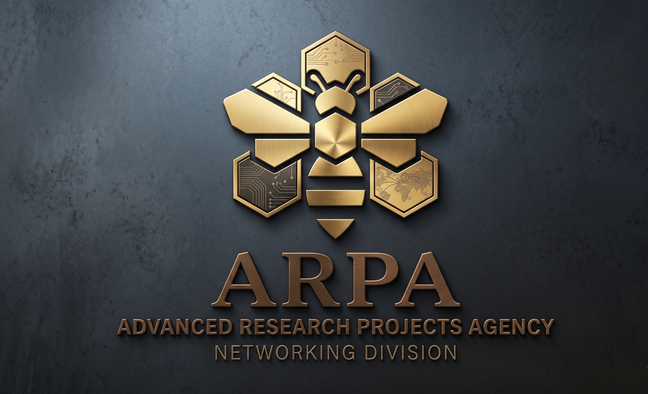 ARPA — Advanced Research Projects Agency, Networking Division — gold 3D bee with hex-honeycomb circuit-board wings