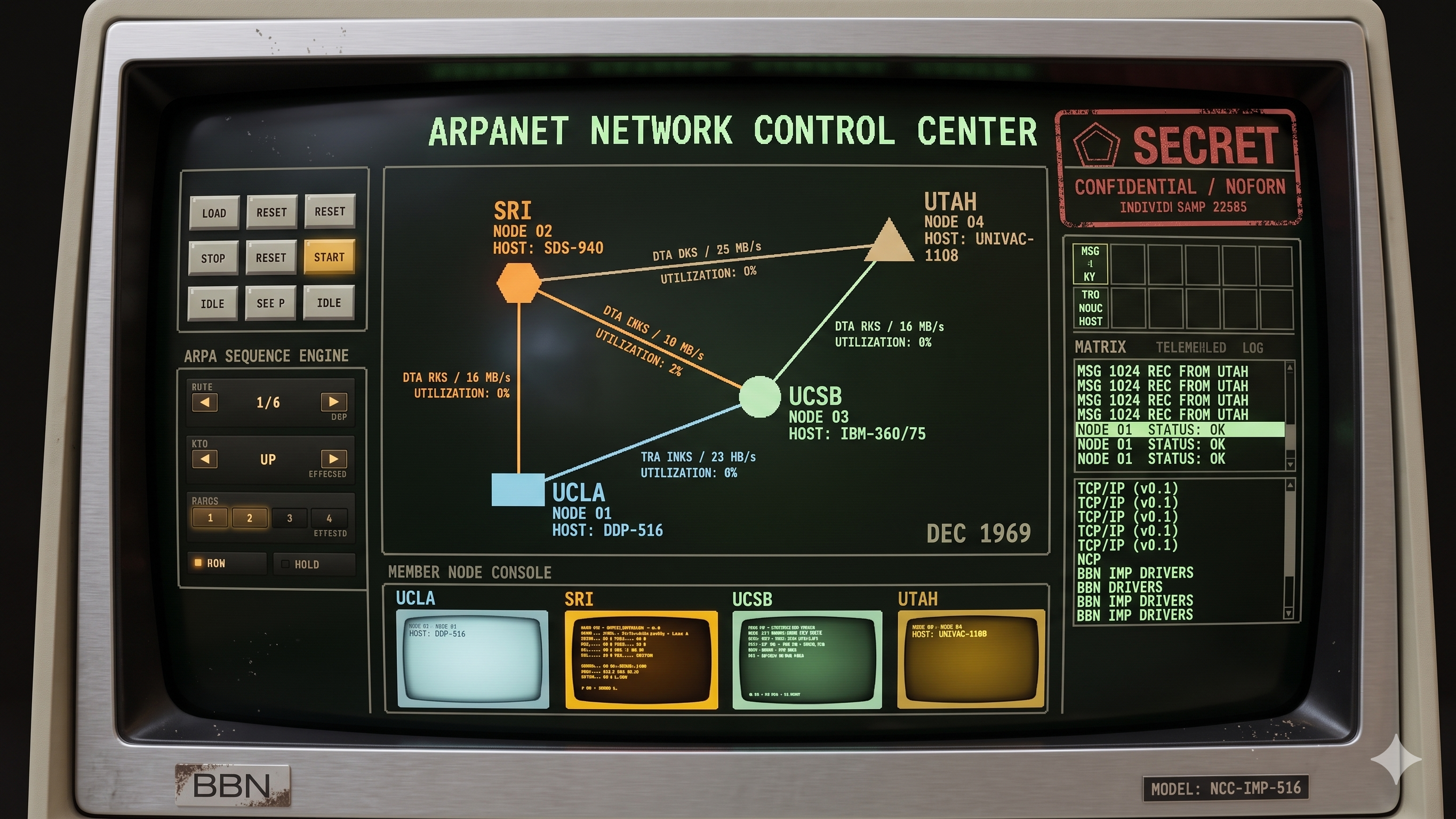 ARPANET Network Control Center — period-correct CRT terminal showing the original December 1969 four-node topology